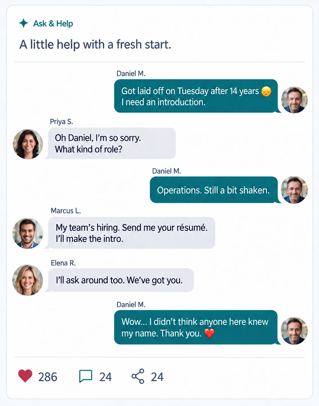 Ask & Help: A little help with a fresh start. Daniel M.: Got laid off on Tuesday after 14 years. I need an introduction. Priya S.: Oh Daniel, I’m so sorry. What kind of role? Daniel M.: Operations. Still a bit shaken. Marcus L.: My team’s hiring. Send me your résumé. I’ll make the intro. Elena R.: I’ll ask around too. We’ve got you. Daniel M.: Wow… I didn’t think anyone here knew my name. Thank you. 286 hearts, 24 comments, 24 shares.